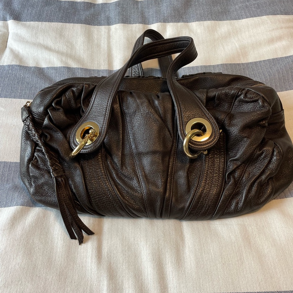 Golden blue brown leather handbag